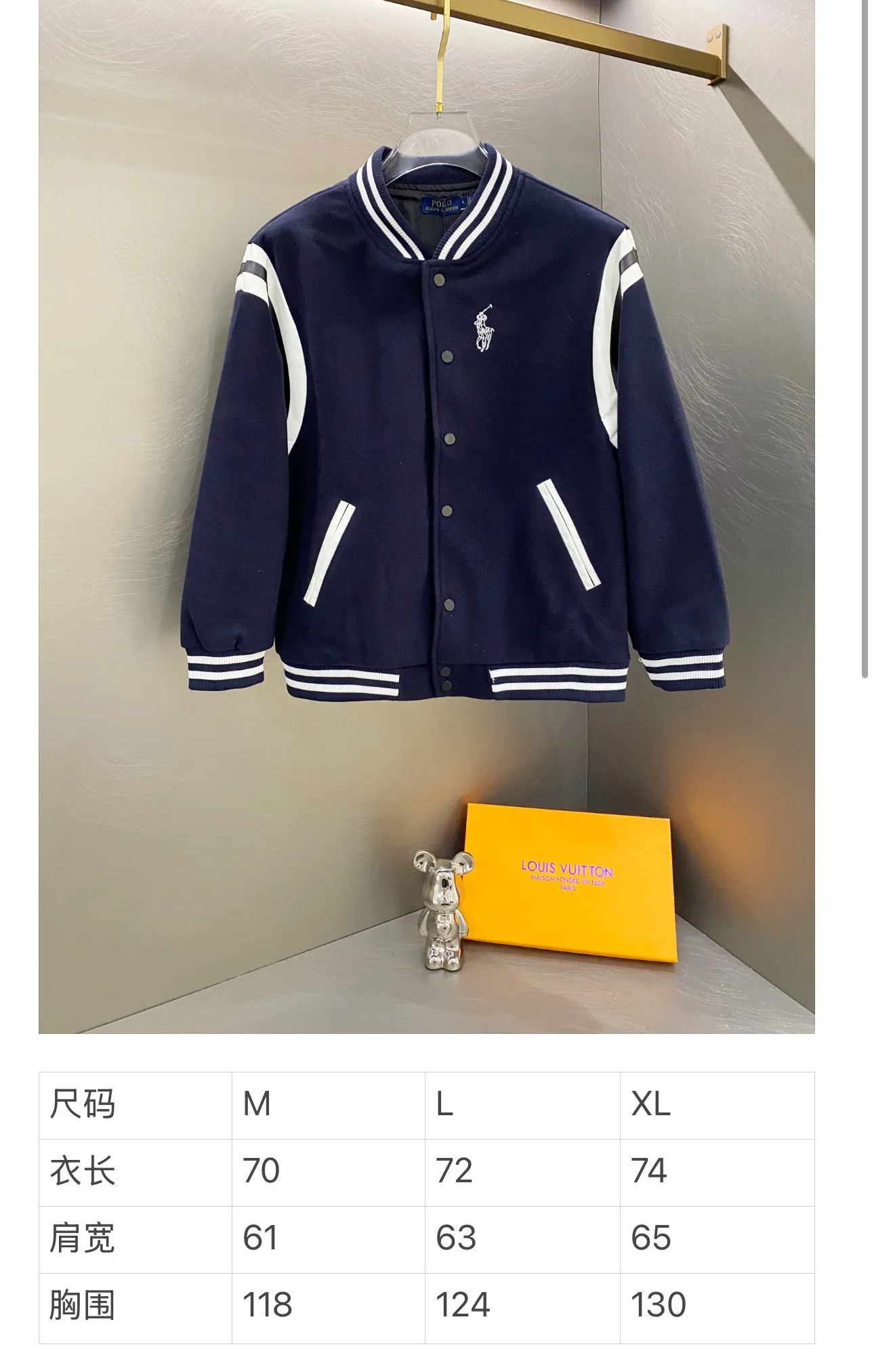 P300 Ralph Lauren Pony Embroidered American Retro Wool Spliced ​​Leather Baseball Jacket with Big Logo on the Back Color: Navy Size: m-XL
